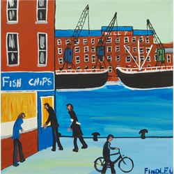 William Findley Burns (Northern British 1949-): 'Fish and Chips', oil on canvas signed, titled verso 30cm x 30cm