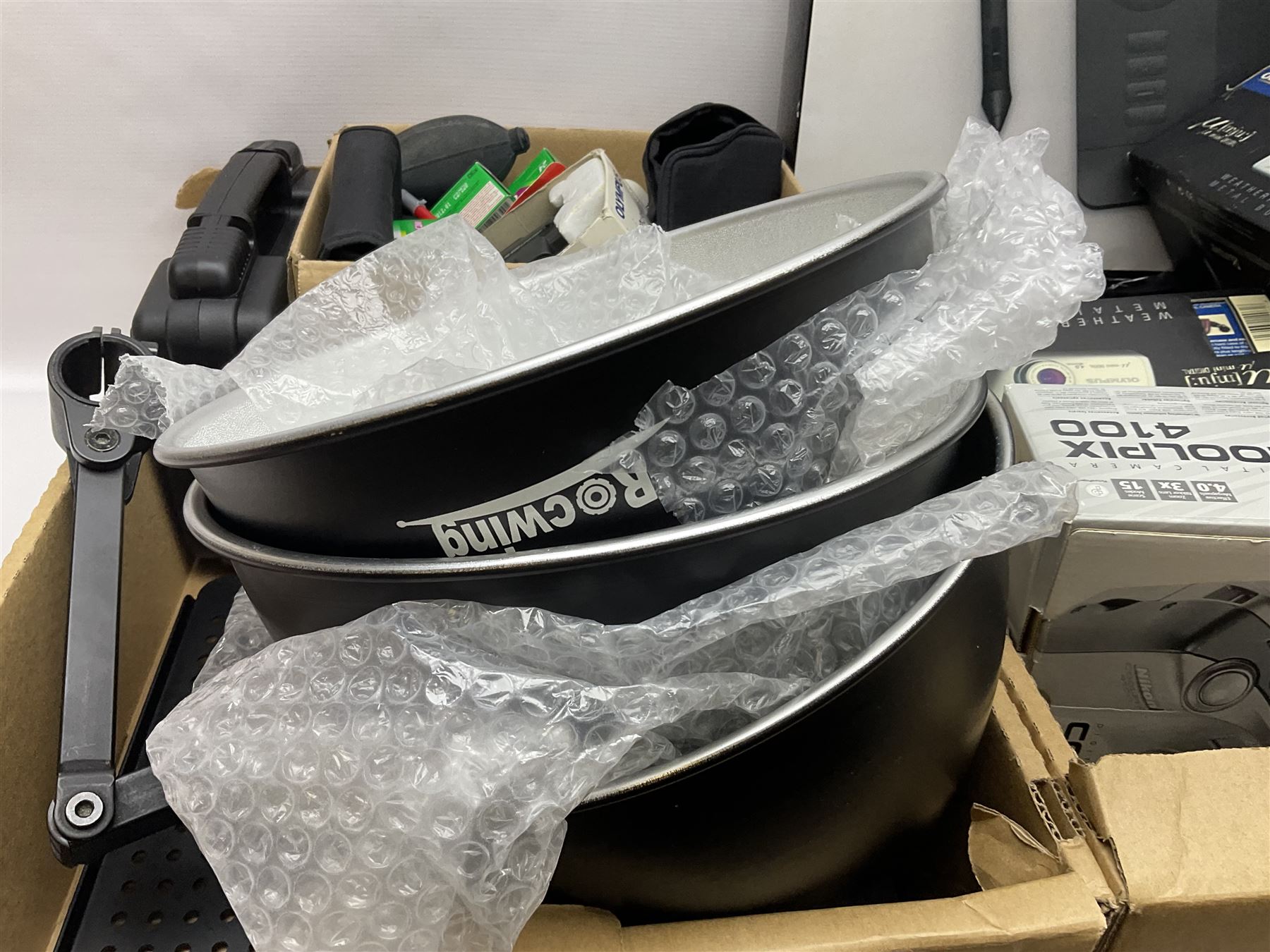 Rocwing photography studio lighting stands and shades, together with digital cameras and other camera equipment, in three boxes  