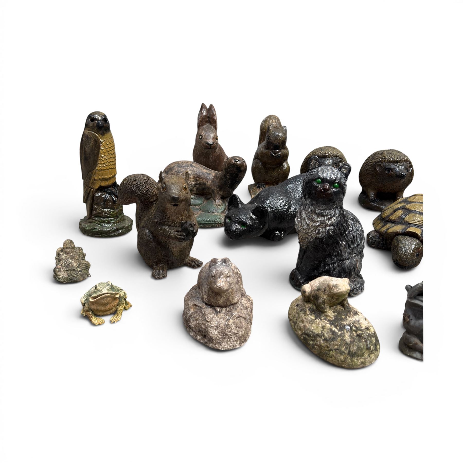 Collection of 33 small glazed cast stone garden animals and figures