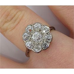 Early 20th century 18ct white gold nine stone old cut diamond, pave set cluster ring, total diamond weight approx 1.00 carat