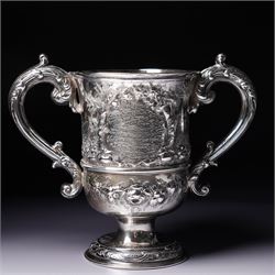 Victorian silver two handled cup embossed with cattle, horses and sheep and presented by Nottingham Mills Company to John Barugh, Thwing H16cm London 1865 Maker Henry Hollannd