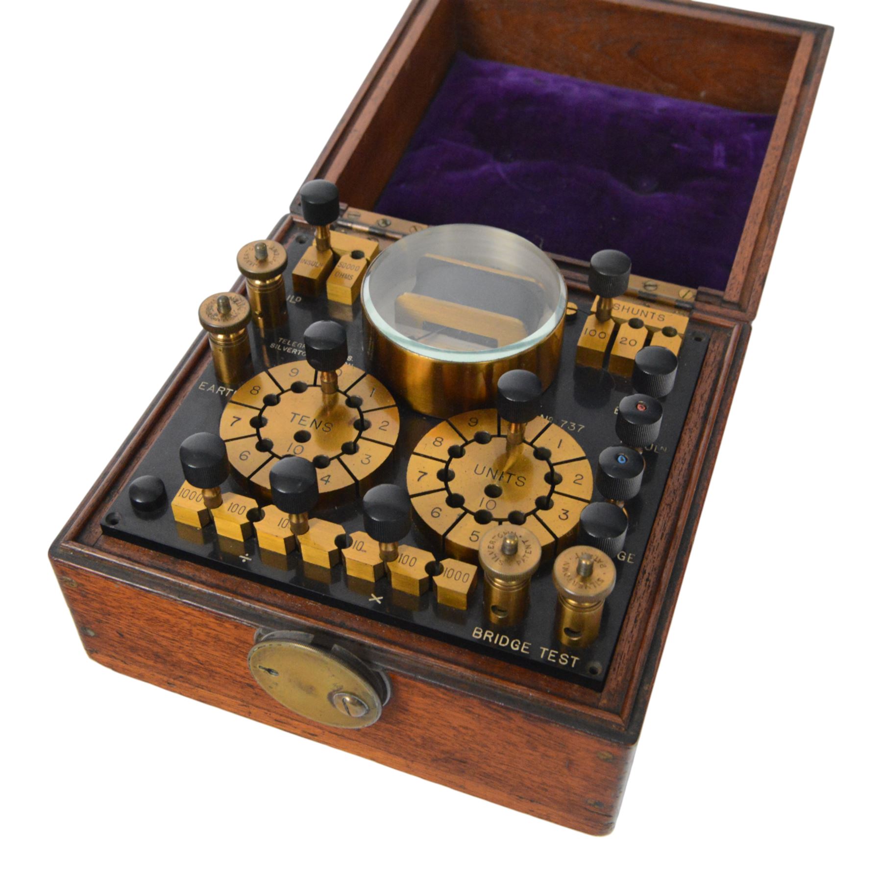 Early 20th century Telegraph Works Line Testing Set, no. 737, stamped Telegraph Works Silvertown London, with brass terminals and a galvanometer in mahogany case