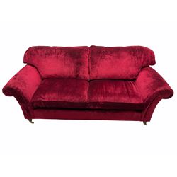 Laura Ashely - traditional shaped three seat sofa (W225cm, D95cm), and matching two seat sofa (W182cm), upholstered in crushed red velvet fabric 