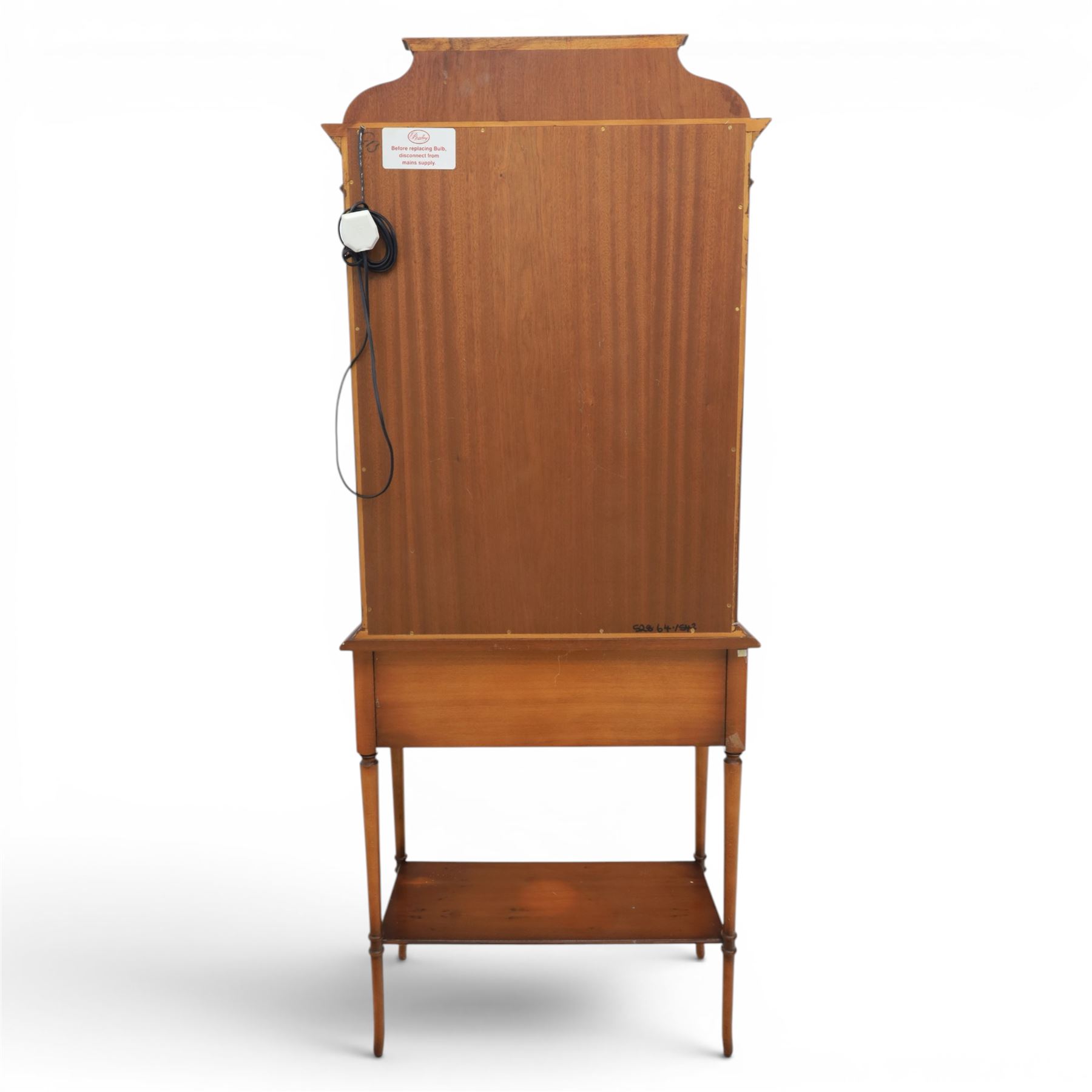 Sheraton design yew wood cabinet on stand, fitted with two glazed doors and two drawers, with lower shelf, illuminated interior