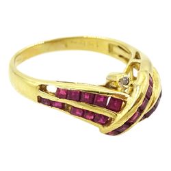 18ct gold channel set, calibre cut ruby and round brilliant cut diamond crossover ring, stamped 750