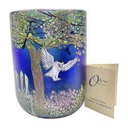 Okra limited edition glass vase, Night Owl, no 19/50, designed by Terri-Louise Colledge, of oval form, painted with a barn owl taking flight amongst leafy branches, upon an iridescent blue ground, etched marks and dated 2002 beneath, with limited edition certificate, H16.8cm, unboxed 