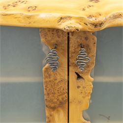 Paul Hodgkiss Designs of Glasgow - contemporary figured elm sideboard, burred elm organic form top, with frosted glass cabinet wrought metal handles revealing a fixed shelf interior, with three shaped drawers enclosing a fitted cutlery drawer, raised on square block feet 