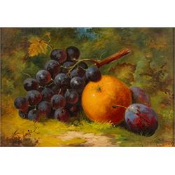George Spencer (British 19th Century): Still Life of Fruits on a Bed of Grass, pair of oils on canvas board max 16.5cm x 24cm (2)