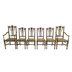 Set six (4+2) Edwardian satinwood dining chairs, triangular cresting rail painted with laurel wreath, shaped and pierced splat flanked by two shaped upright rails, with boxwood stringing, upholstered seats, on square tapering front supports with spade feet