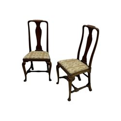 Pair of 19th century Queen Anne design walnut framed side chairs, yoke crest rail over vase-shaped splat, upholstered drop-in seats, raised on cabriole supports with pad feet united by turned stretchers