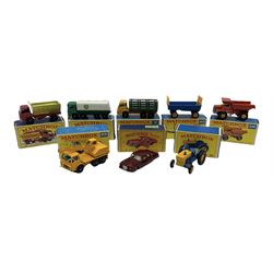 Matchbox - eight '1-75' series models comprising 4d Stake Truck, 28d Mack Dump Truck, 32c Leyland Petrol Tanker, 39c Ford Tractor, 40c Hay Trailer, 53 Mercedes Benz Coupe, 63c Dodge Crane Truck and 70c Ford Grit Spreading Truck; all boxed (8)