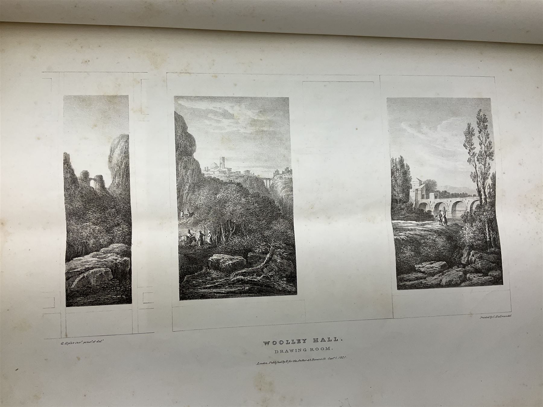 George Cuitt Jnr (British 1779-1854): 'Select parts of Kirkstall Abbey', complete set six etchings signed titled and dated 1823 in the plate, oblong folio; J Metcalf and J Carmichael (British 18th/19th century): 'Fountains Abbey Intended To Illustrate The Architecture And Pictureseque Scenery Of That Celebrated Ruin', seven etchings (one missing) pub. 1832 with Historical and Architectural Description by T Sopwith, oblong folio; Augostino Aglio (Italian 1777-1857): 'Sketches of the Interior & Temporary Decorations in Woolley-Hall Yorkshire', complete set 22 lithographs dated 1821, pub. by the artist, oblong folio max 54cm x 37cm (3)