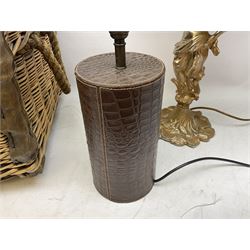 Wicker basket with twin rope handles and hinged lid, together with two table lamps, basket H45cm, L74cm