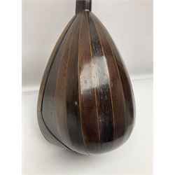 Late 19th century Italian lute back mandolin with segmented bowl back, bears label Gennaro Maglioni Napoli L61cm; in ebonised wooden case; together with another similar damaged Italian lute back mandolin for restoration or spares (2)