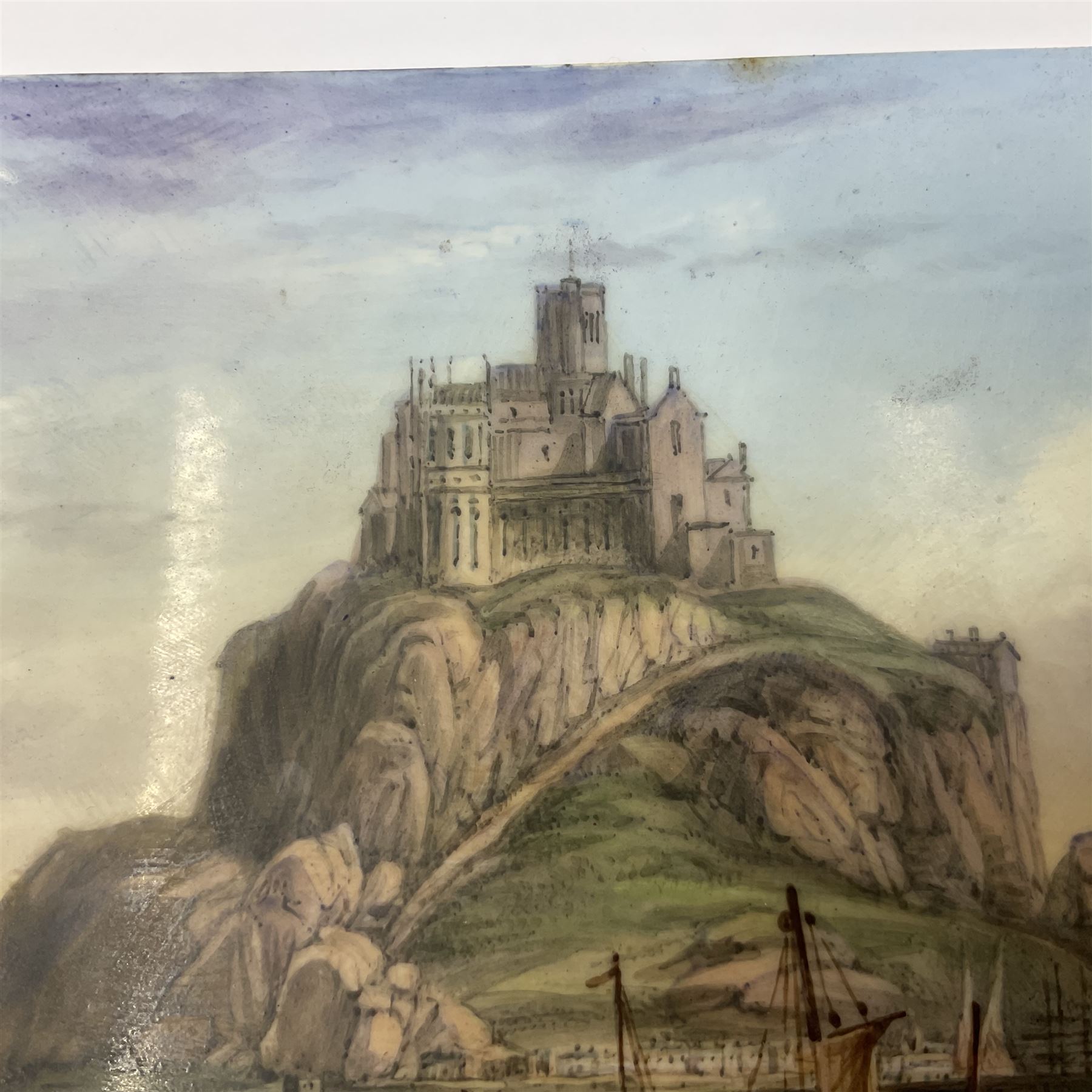 Richard Abbott: St Michael’s Mount, painted oil on porcelain plaque, with 'St Michaels Mount painted by R. Abbott', inscribed on reverse, H15cm, W19cm