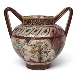 William De Morgan twin handled vase, sgraffito-decorated with turquoise and yellow trees, ...