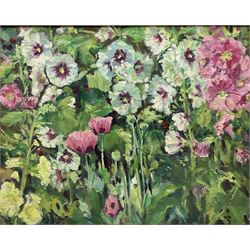 Catherine Tyler (British 1949-): 'Hollyhocks', oil on board signed and dated '94, titled on Chelsea Art Society exhibition label 60cm x 75cm