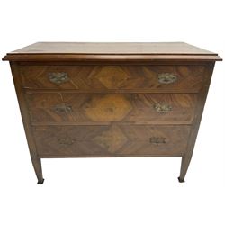 Early to mid-20th century walnut chest, fitted with three graduating drawers with bookmatch veneer facias, raised on square tapering supports