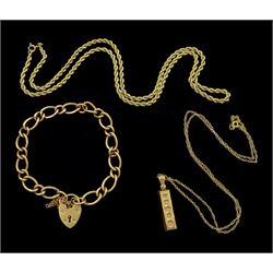  9ct gold jewellery including curb link bracelet, with heart locket clasp, rope twist necklace and an ingot pendant necklace