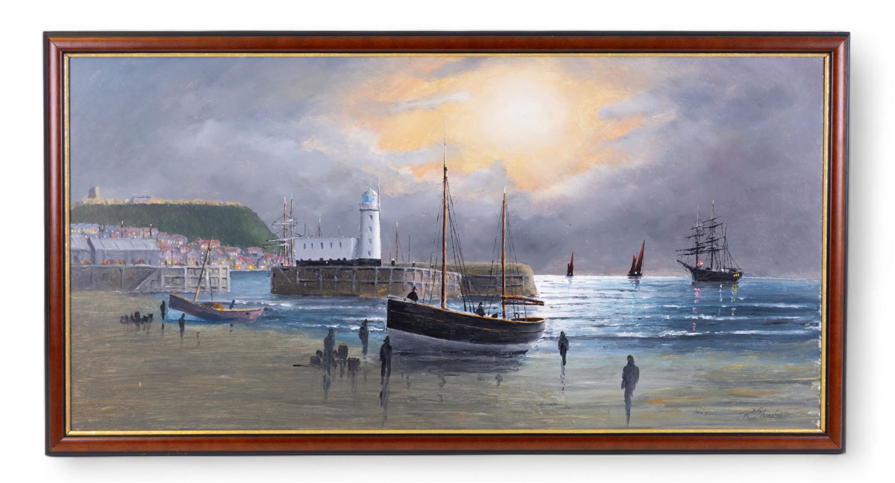 Robert Sheader (British 20th century): Fishing Boat on the Foreshore Scarborough by Moonlight, oil on board signed 45cm x 91cm