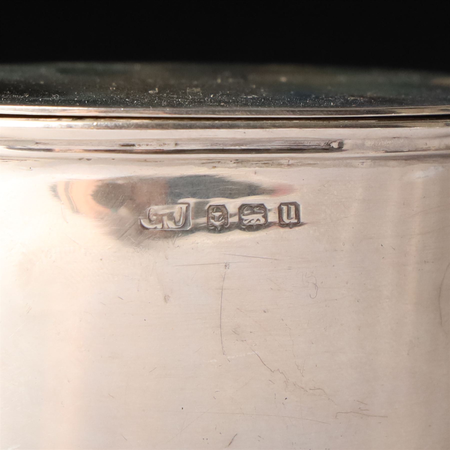 Victorian silver baluster mustard pot with engraved decoration London 1844, pair of silver oval salts and matching mustard  Birmingham 1918 and a circular mustard pot