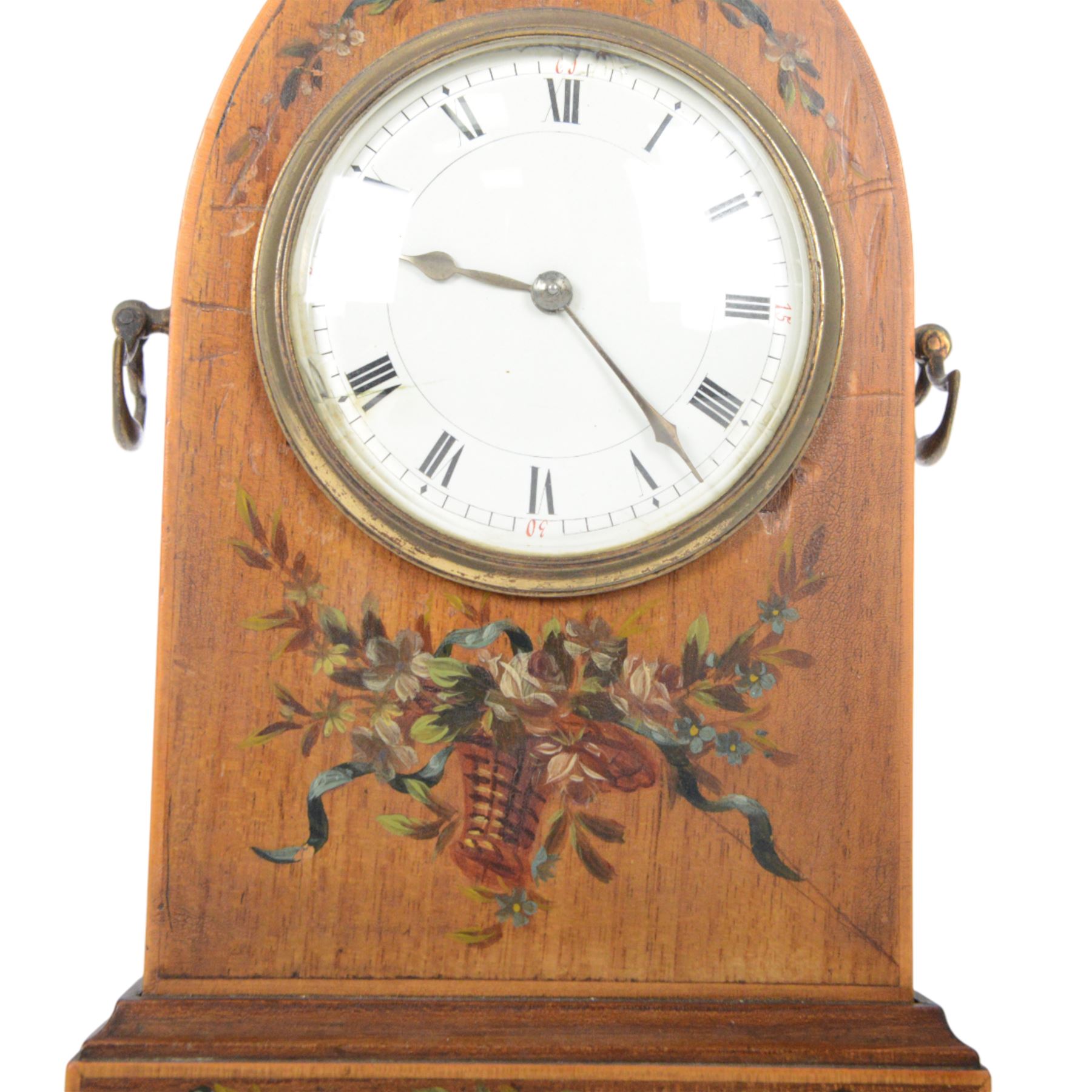 Edwardian painted mahogany lancet clock, arched case with brass side handles, 8-day movement stamped with Richard & Co logo and brass back cover, enamelled dial with Roman chapters, brass hands, glass bezel, arched case with brass side handles on brass bun feet, dial chipped, with winding key 