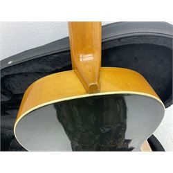 1950s acoustic guitar with f-holes and pickguard L105cm; black fur lined hard carrying case