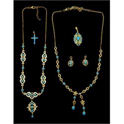 Silver-gilt turquoise jewellery including two necklaces, one with white enamel, two pendants and a pair of earrings with white topaz and enamel, all stamped or hallmarked