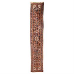 Large vintage Persian Hamadan indigo ground runner rug, the busy field with central ivory ...