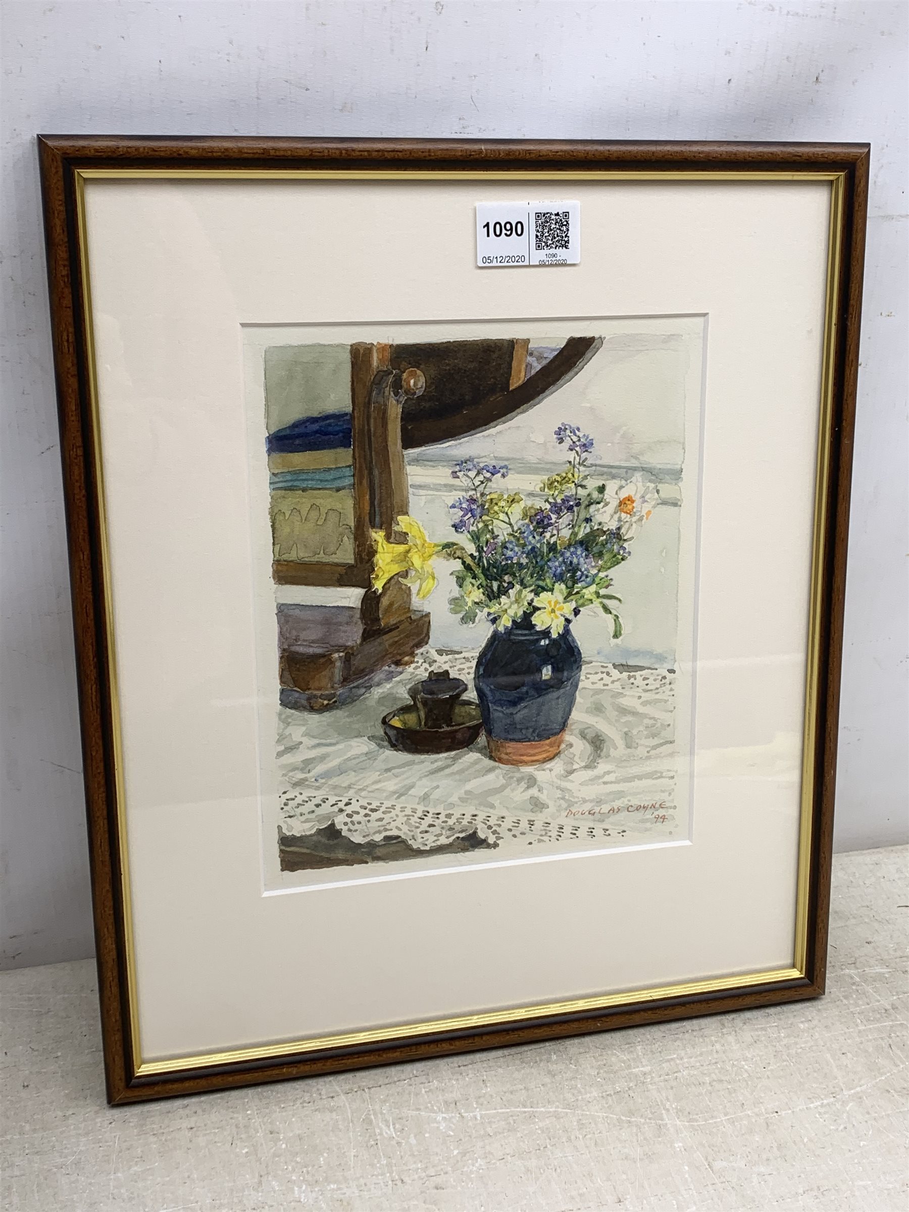 Douglas Coyne (British 1930-2008): Still Life of Flowers on the Dressing Table, watercolour signed and dated '94, 21cm x 17cm