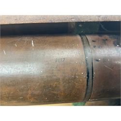 Early 20th century brass and black japanned gunsighting telescope inscribed 'G.S. Telescope X8 No.2127 W.G. Pye & Co Cambridge 1918 No.18' with X graticule to lens L53cm; in wooden box marked 'Gunsighting Telescope'