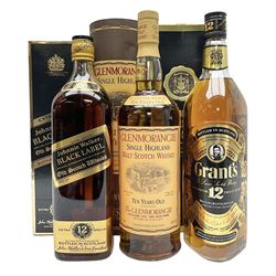 Glenmorangie, ten year old Scotch whisky, 1 litre 43% vol, Grant's twelve year old Scotch whisky 1 litre, 43 G.L and Johnnie Walker Black Label, twelve year old Scotch whisky, 1 litre 43% vol, all boxed (3)