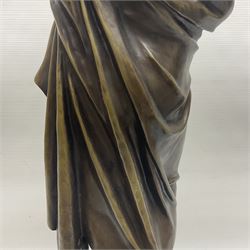 Bronze figure, modelled as a classical male figure in drapery with laurel wreath upon head, upon square marble plinth, overall H76cm