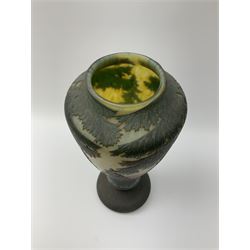 Reproduction Daum Nancy art nouveau  style overlay and cut glass vase in ovoid form with a circular base, decorated with woodland and mountain scene, H38.5cm. 