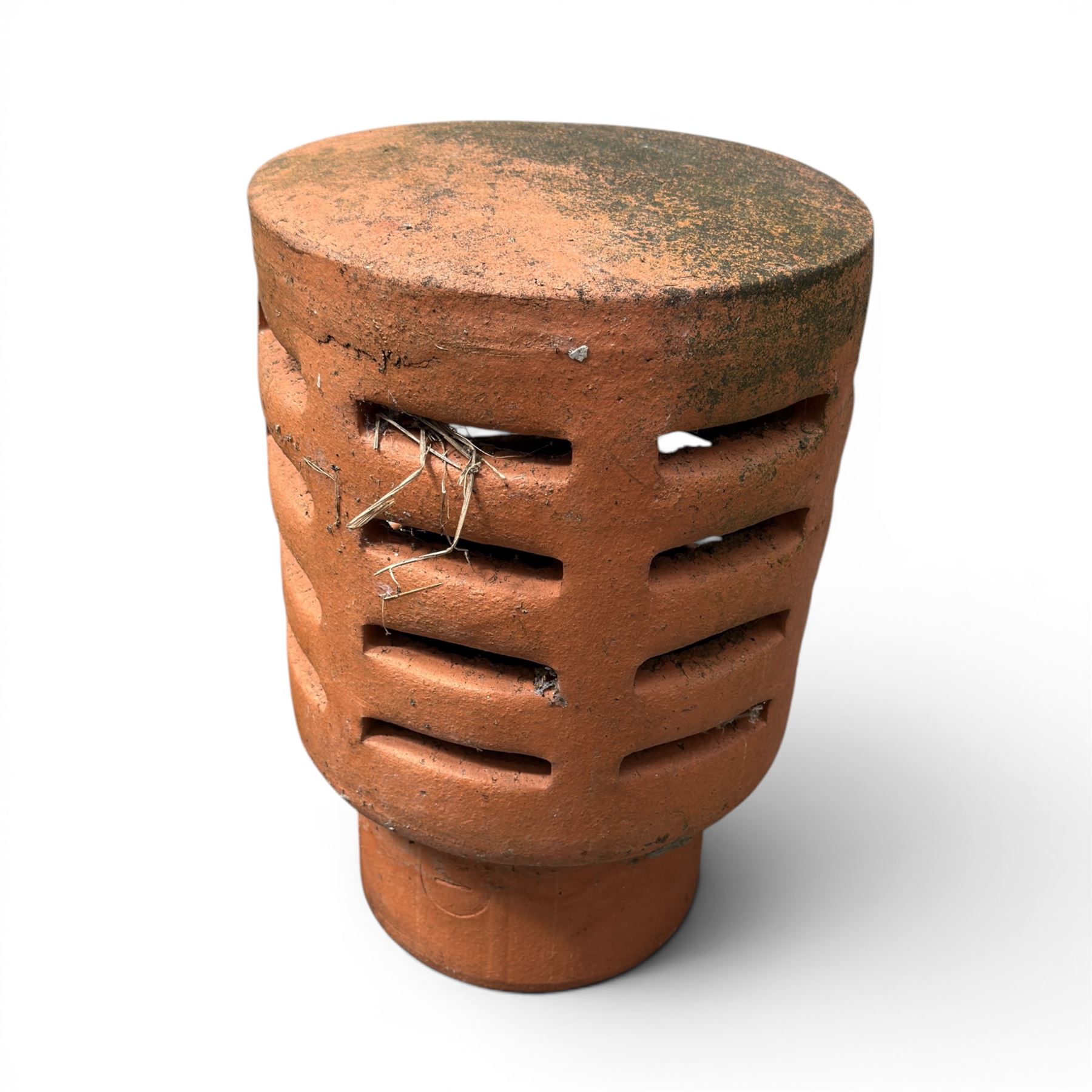 Collection of garden platers including two strawberry pots, cast stone planter, chimney top and two terracotta drain surrounds