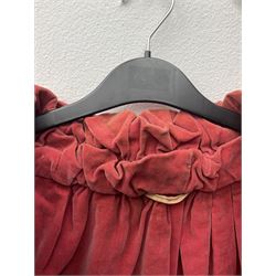 Full length 1930's childs black velvet cape, with ruched collar and red velvet lining, with a single button neck fastening 