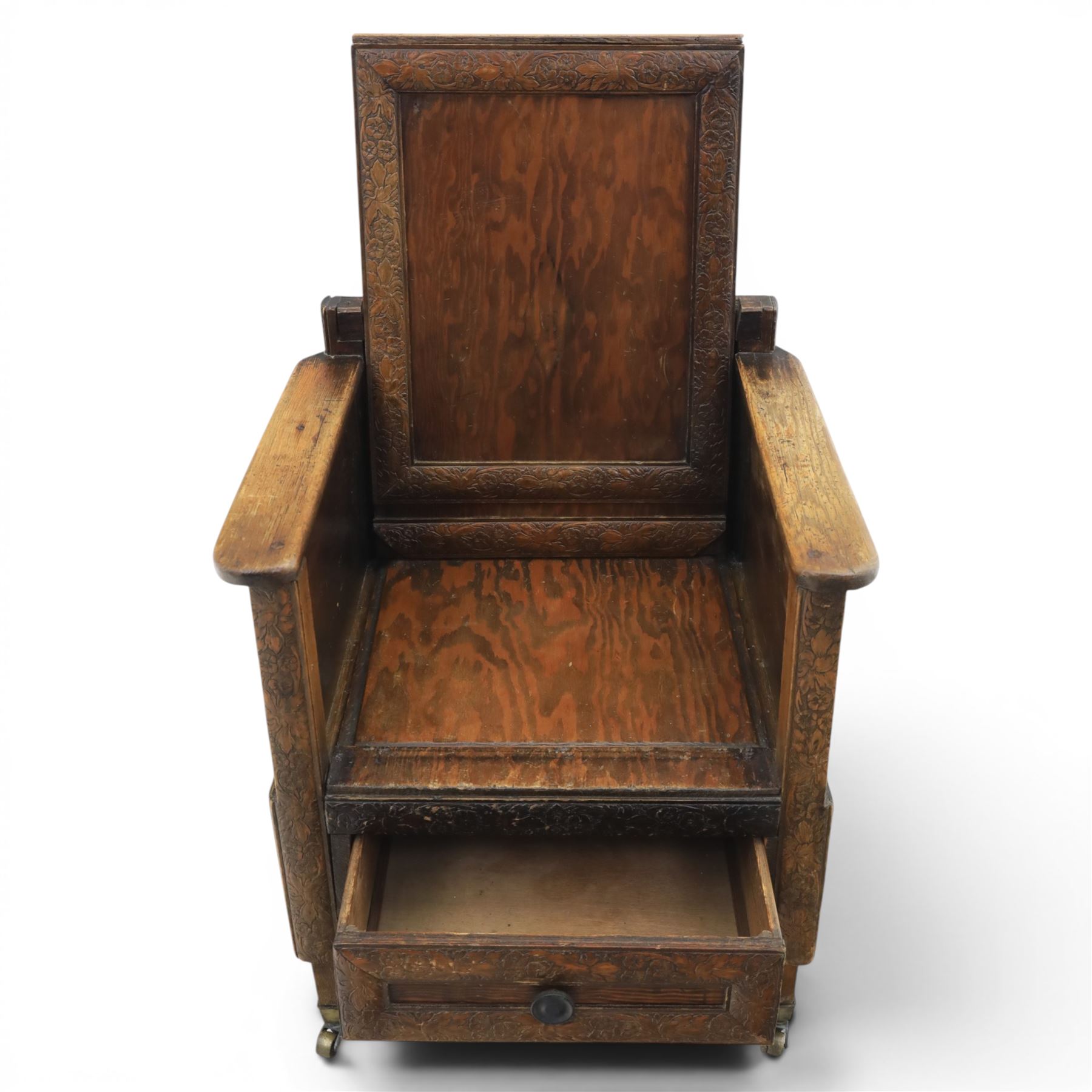 Early 20th century oak framed childs chair, solid seat with drawer to base