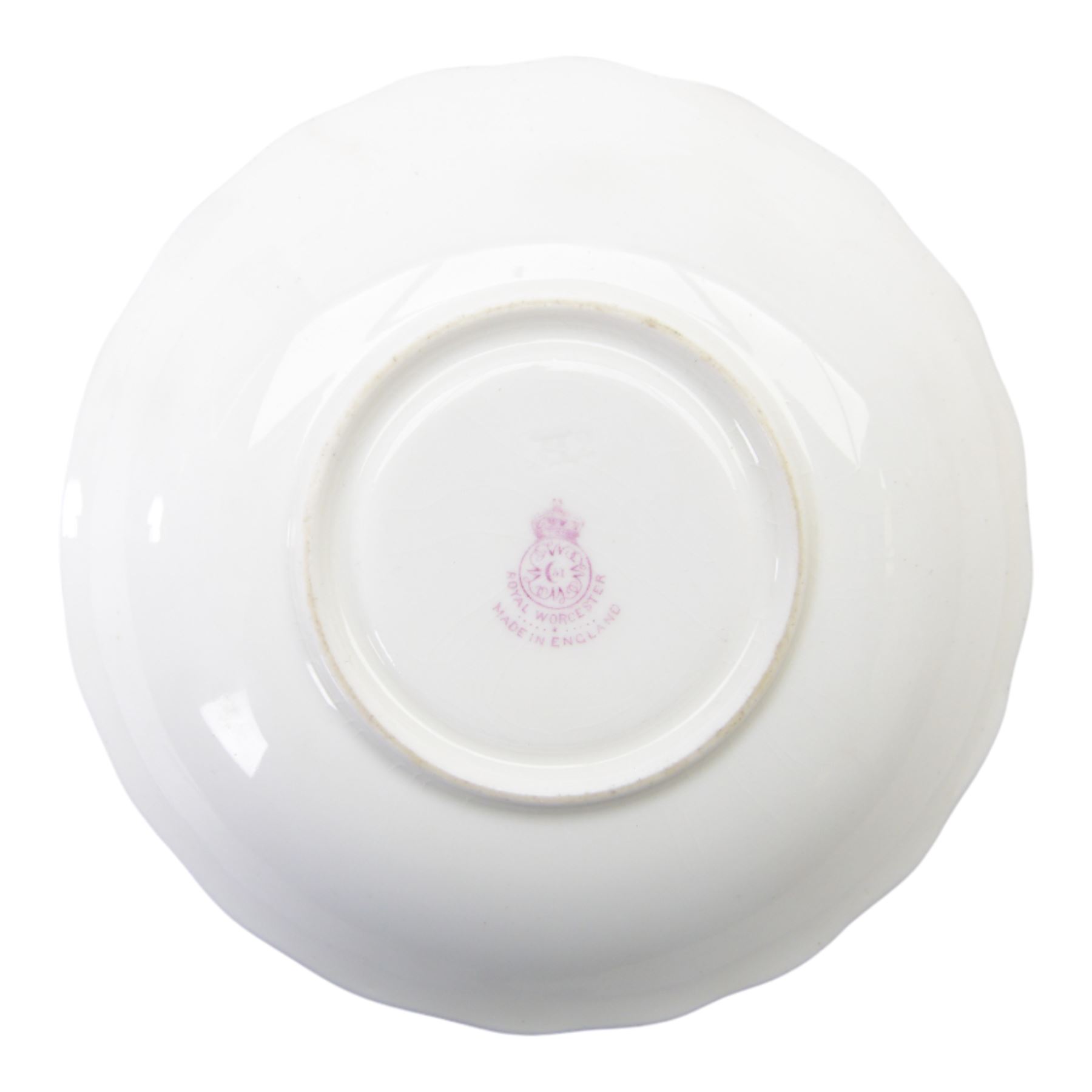 Royal Worcester fruit painted cabinet scallop edge teacup and saucer,  interior hand painted with apples and berries upon a mossy ground, the cup exterior and centre of saucer gilded, cup signed W. Bee and saucer signed H. Ayrton, each with puce coloured printed marks beneath, H8cm