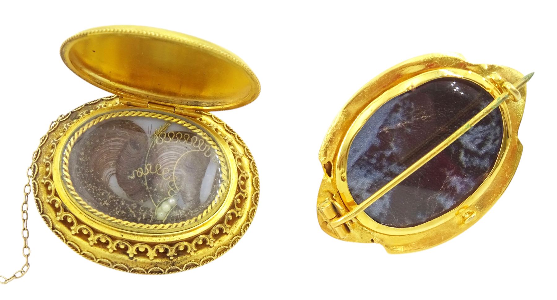 Victorian gold hinged locket brooch, the monogrammed black enamel front revealing hairwork glazed locket and an Victorian 18ct gold Etruscan design brooch
