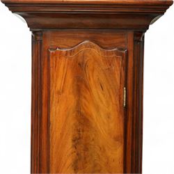 Samuell Hollyar of London - mid-18th century, figured mahogany Longcase clock with a swan neck pediment and brass parterre, with glass panels to the sides and reeded pilaster flanking the hood door, conforming recessed pillars to the trunk and a wavy toped door with  inlay, square plinth raised on bracket feet, With a brass dial with cast spandrels and makers name to the arch, matted dial centre with steel hands, seconds dial and date aperture, silvered chapter with Roman numerals, five minute Arabic's, minute and inner quarter hour tracks, dial pinned to an 8-day rack striking movement, sounding the hours on a bell. With weights and pendulum.
Samuel Hollyar is recorded as being apprenticed in London in 1683 and a member of the clockmakers company 1705-20.