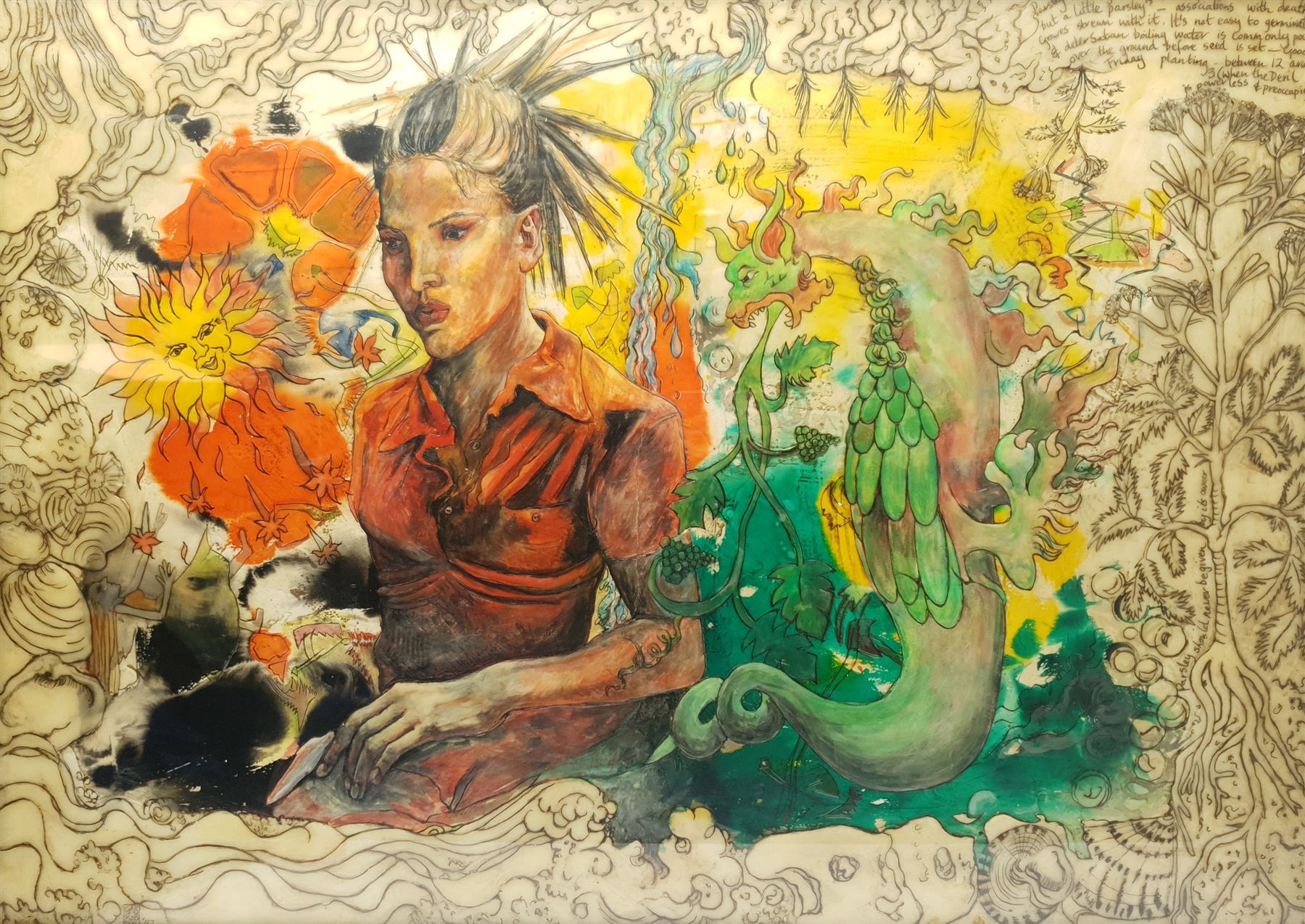 Gabrielle Roberts-Dalton (British Contemporary): Seasons - 'Good Friday is Parsley Planting', wax relief with mixed media and incised text signed and dated 1997, titled verso 75cm x 105cm