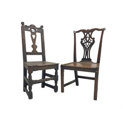 George III Chippendale design oak side chair, york cresting rail over pierced shaped splat back, solid seat raised on square supports (W52cm H93cm); 18th century oak side chair, scroll carved cresting rail with heart splat, panel seat raised on turned supports (W43cm H99cm)