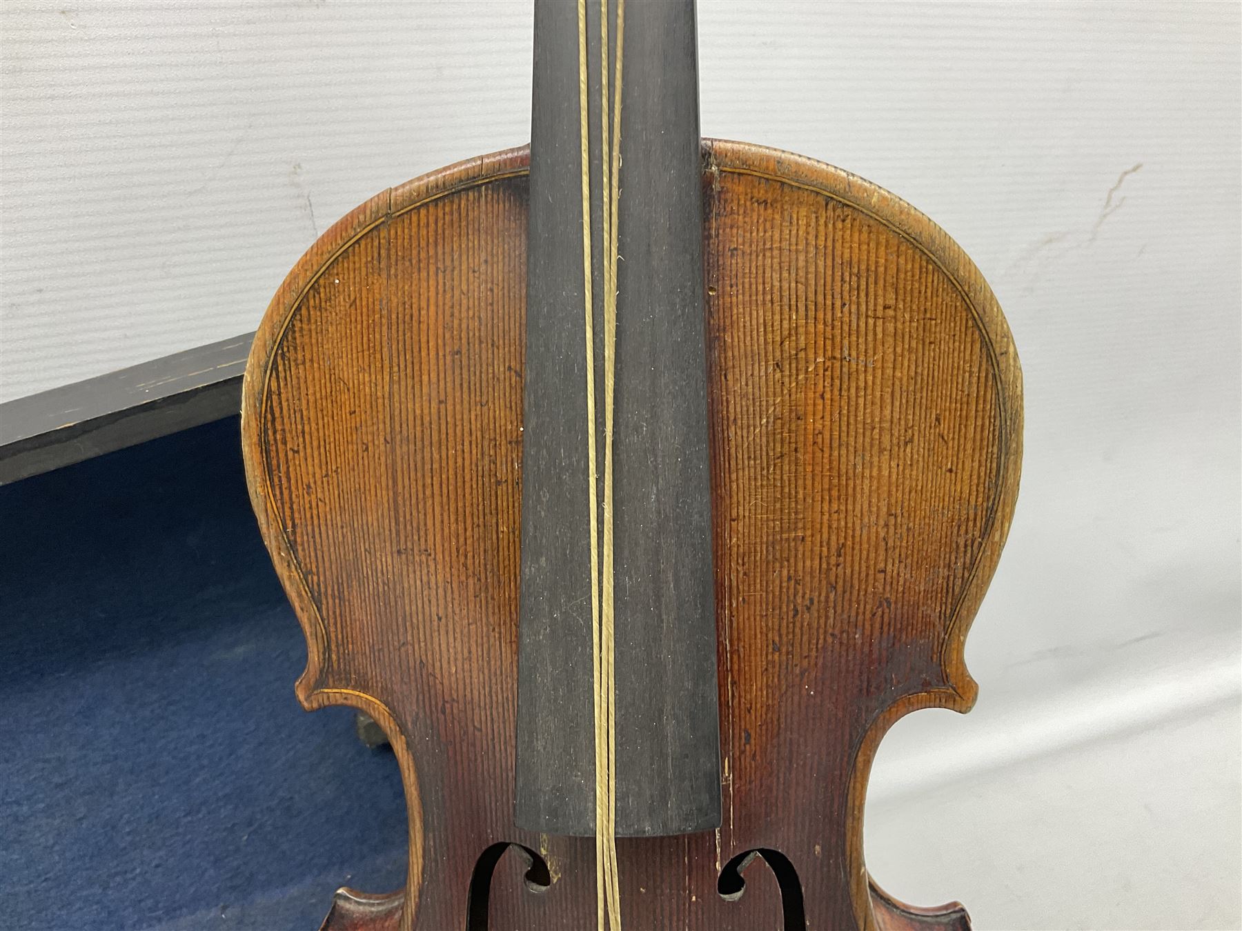 Late 19th century French three-quarter size 'Conservatory' violin with 34cm two-piece maple back and ribs and spruce top, the peg box inscribed 'Conservatory Violin Straduari', bears label 'Antonius Stradiuarius Cremonensis Faciebat Anno 1721' L55.5cm overall; in ebonised wooden 'coffin' case