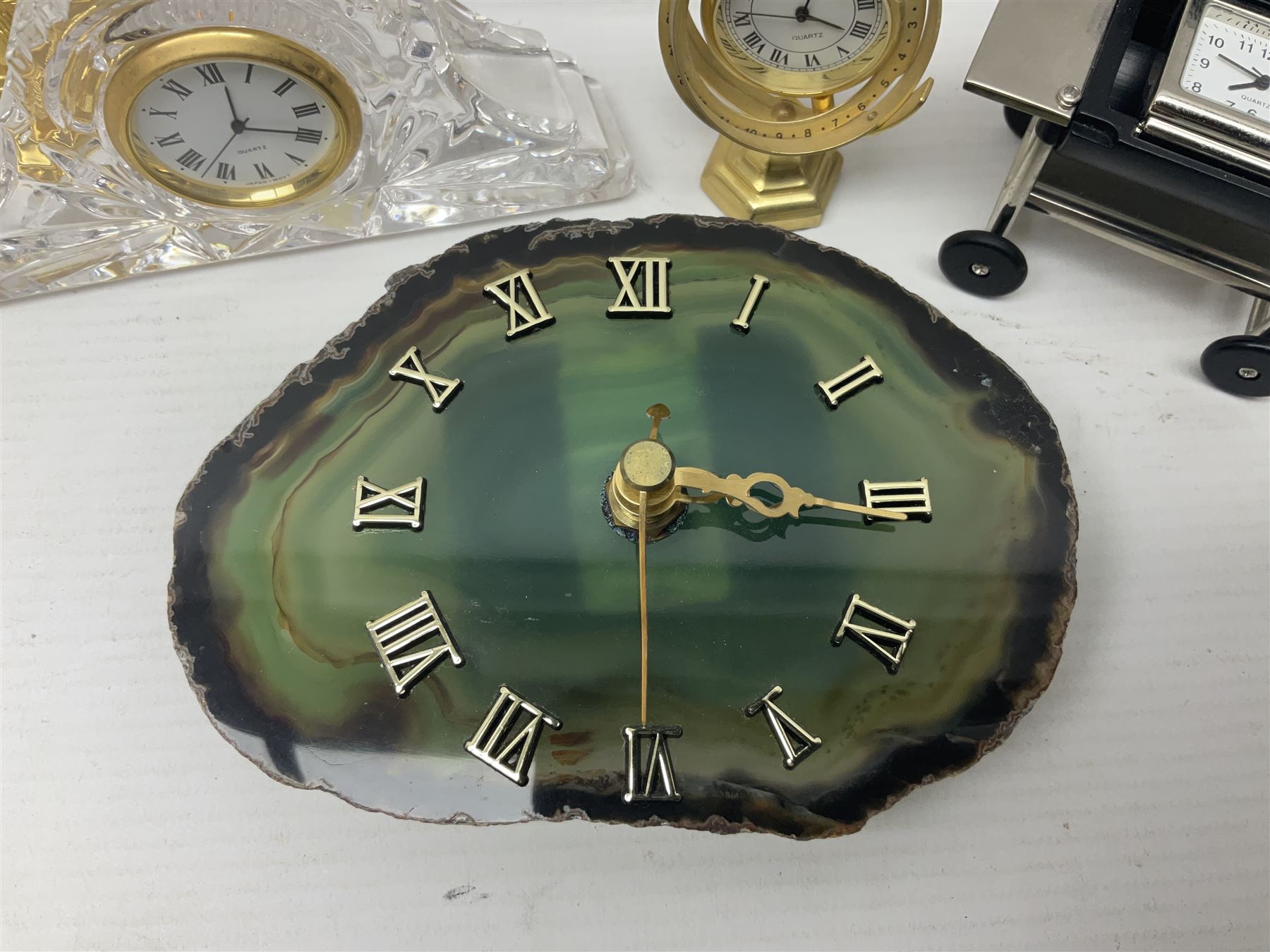 Six small mantel clocks; Grace Darling moulded glass dish; and boxed Beswick figure