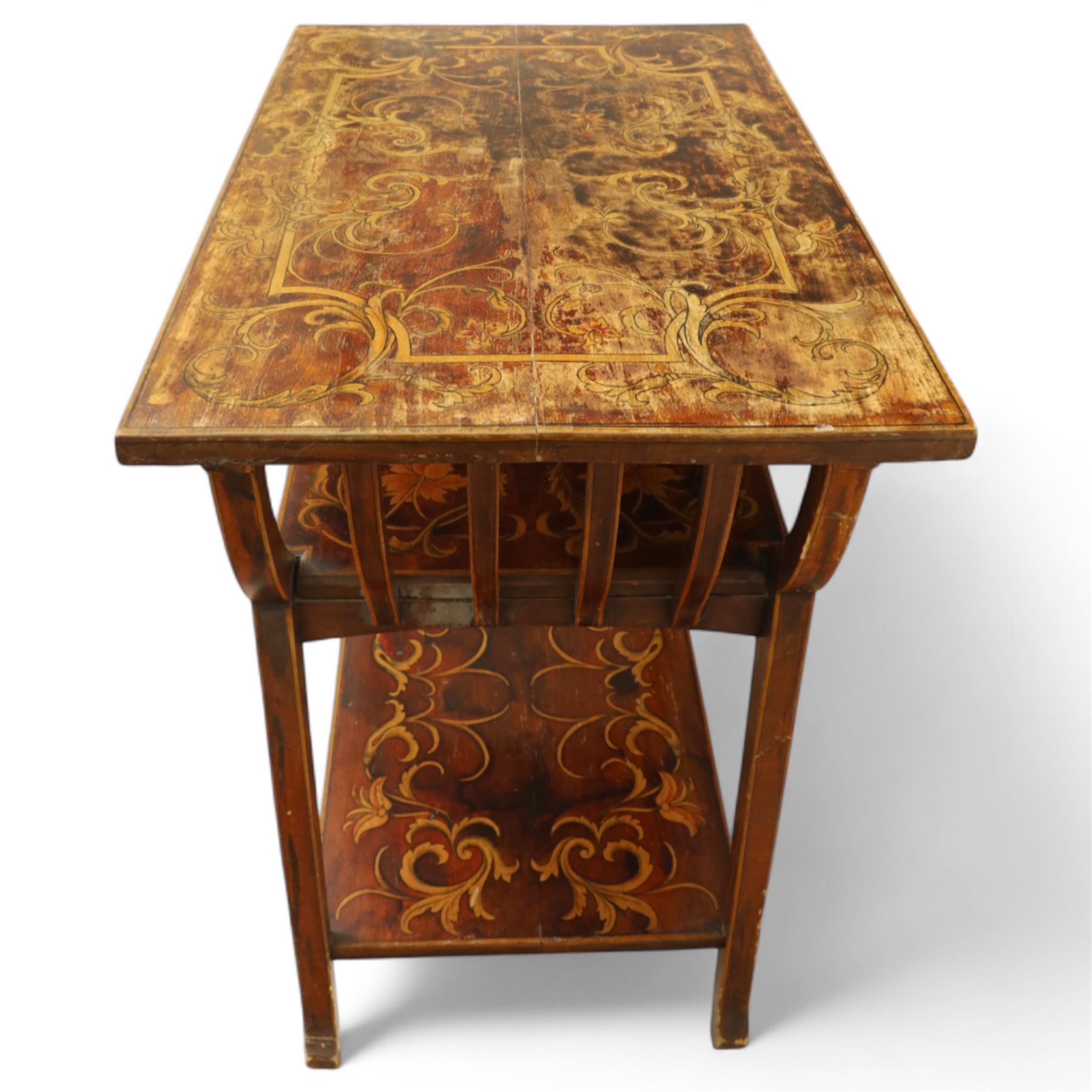 19th century mahogany coal scuttle, shaped raised back carved with shell fan motif, swing front enclosing original removable metal liner with handle, panelled front with cast drop handle, over slatted undertier (H 65cm, W 33cm, D 34cm)
Early 20th century mahogany magazine table, rectangular top and undertier decorated with gilt foliate and scroll marquetry, shaped pierced side rails forming magazine divisions, on square tapering supports (H 70cm, W 71cm, D 45cm)