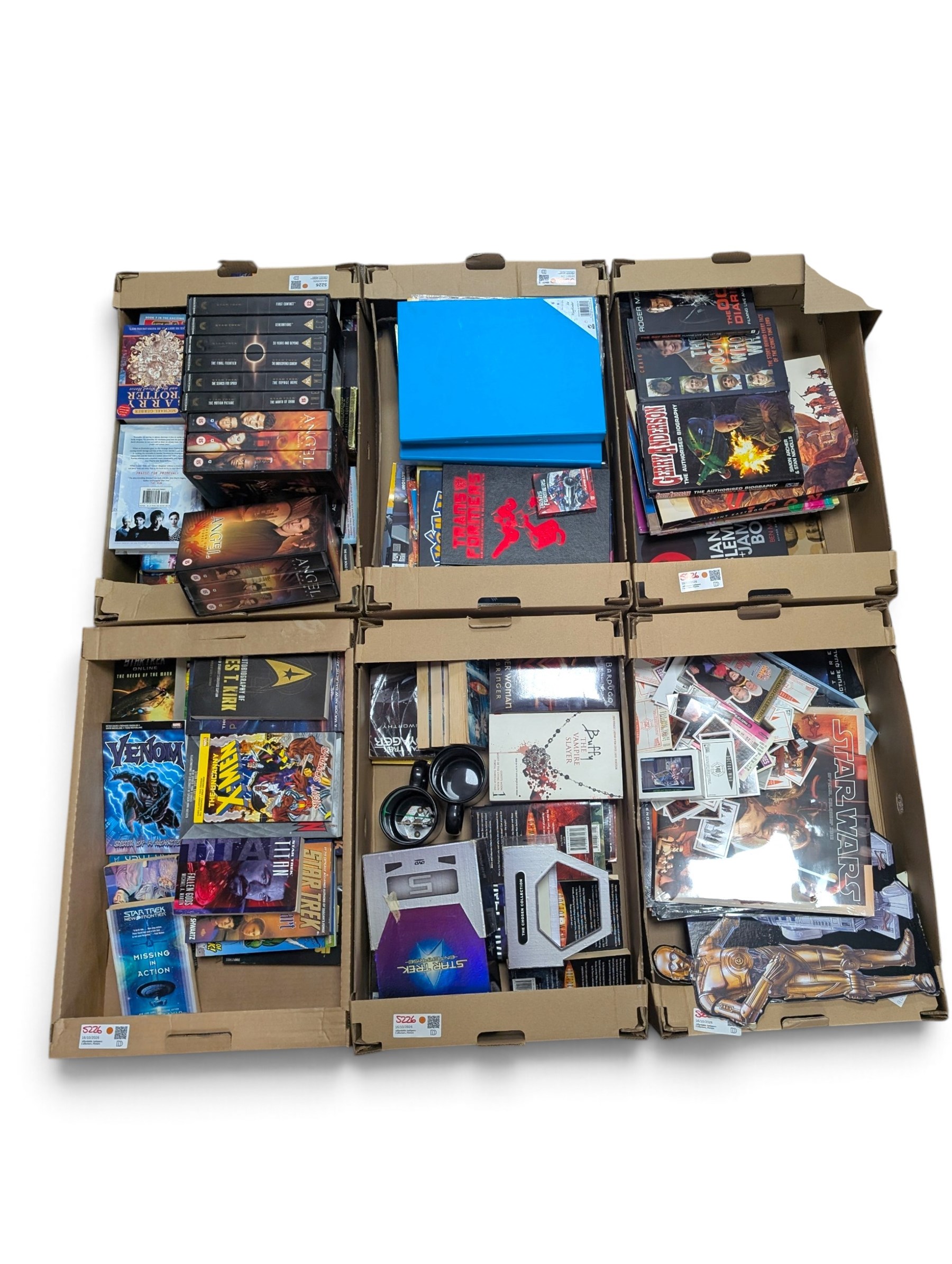 Collection of Sci-Fi related books, collectables and ephemera, including Star Wars, Buffy, Star Trek, Doctor Who and James Bond, together with other novels and non-fiction books, in six boxes