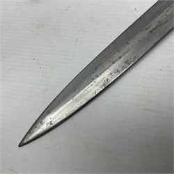 British Pattern 1888 knife bayonet, the 30cm double edged blade by Sanderson with central raised medial ridge and various marks to the ricasso including date code 12 98; in leather covered scabbard with various stamped marks L44cm overall