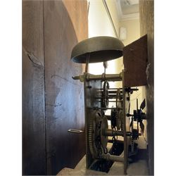 Late 19th century 30 hour Yorkshire mahogany longcase clock, with a swans necked pediment and break arch hood door flanked by two ring turned pilasters, trunk with a short door with a bone escutcheon on a wide plinth with a recessed panel, painted dial with a depiction of a sportsman to the arch and game birds to the spandrels, Roman numerals, minute markers and brass hands, chain driven countwheel striking movement. With weight and pendulum.