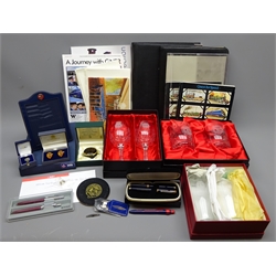  Modern railway collectables for GNER, Intercity, East Coast etc including boxed pairs of crested drinking glasses, boxed photograph frame, pen sets, pin badges, cuff links, enamel box, paper ephemera etc  