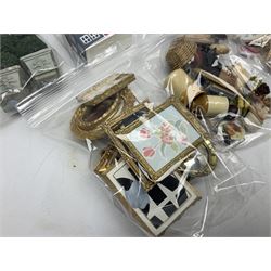 Large quantity of good quality doll's house accessories including ceramics and glassware, metal ware and hardware, pots and pans, mantel clocks, food and drink, books, stick stand with walking sticks, companion set and fire-guard, framed pictures and mirrors, croquet set, rocking horses, nursery dolls house, pets, toys etc
